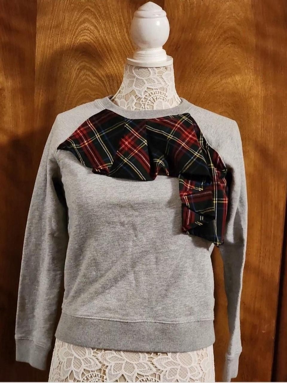 J.Crew Heather Grey Tartan Plaid Asymmetrical Ruffle Crewneck Sweatshirt